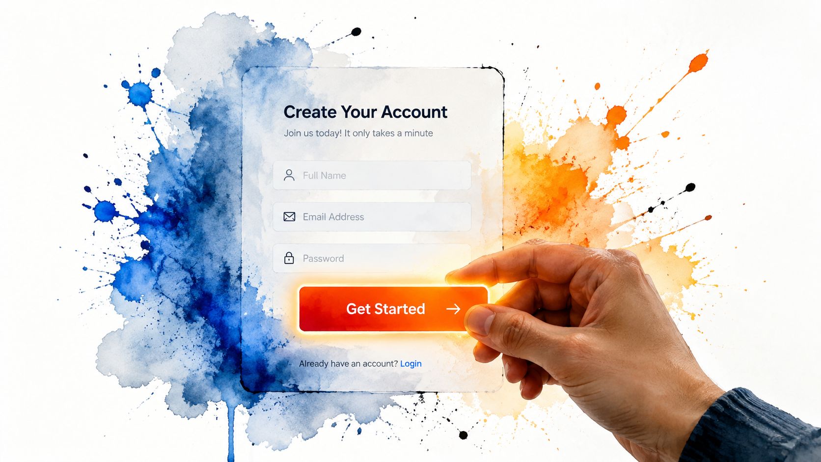 A hand interacting with a creative registration form design for a lead generation website concept.
