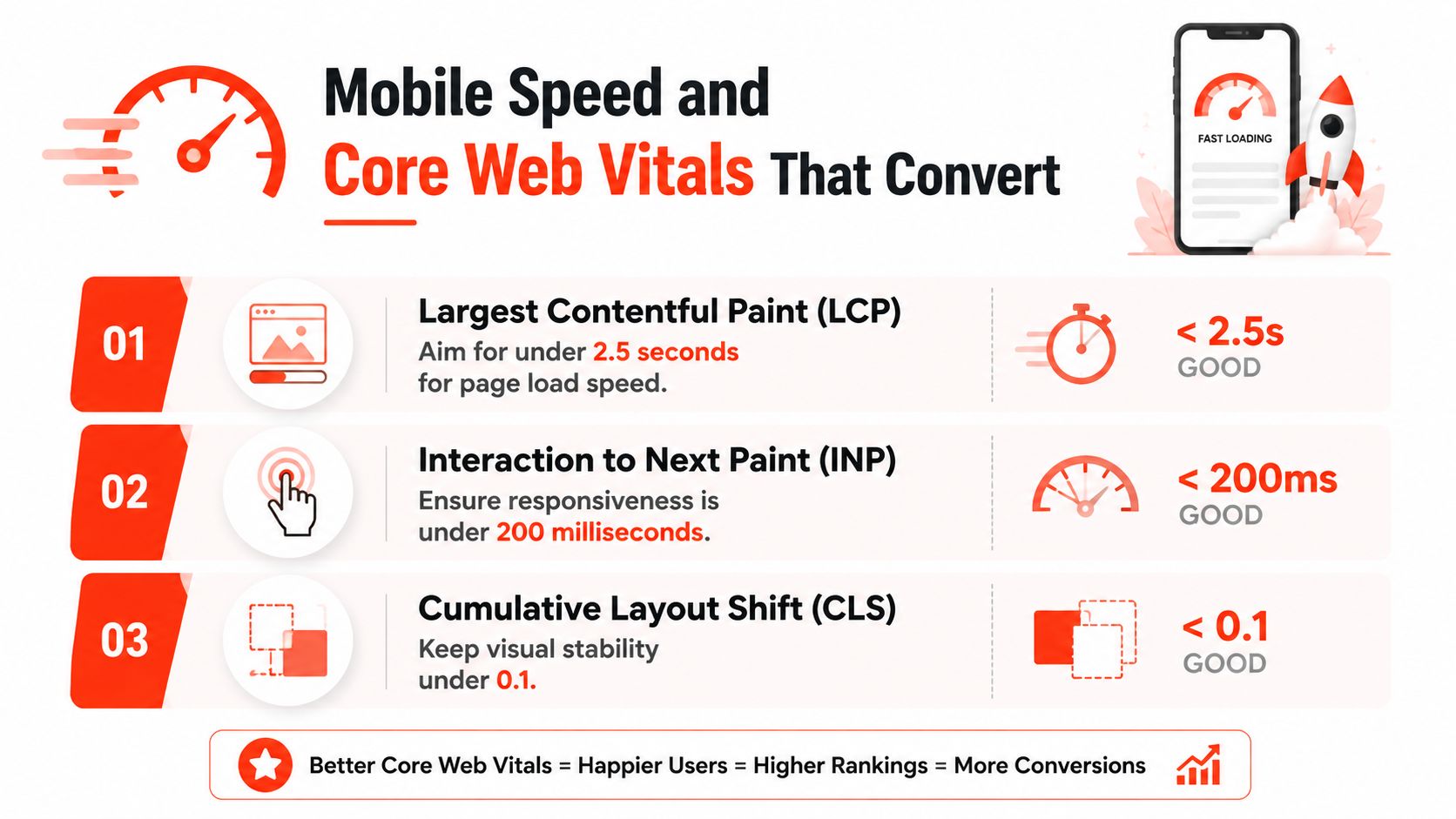 An infographic showing the three Core Web Vitals metrics for mobile website speed optimization and user experience.