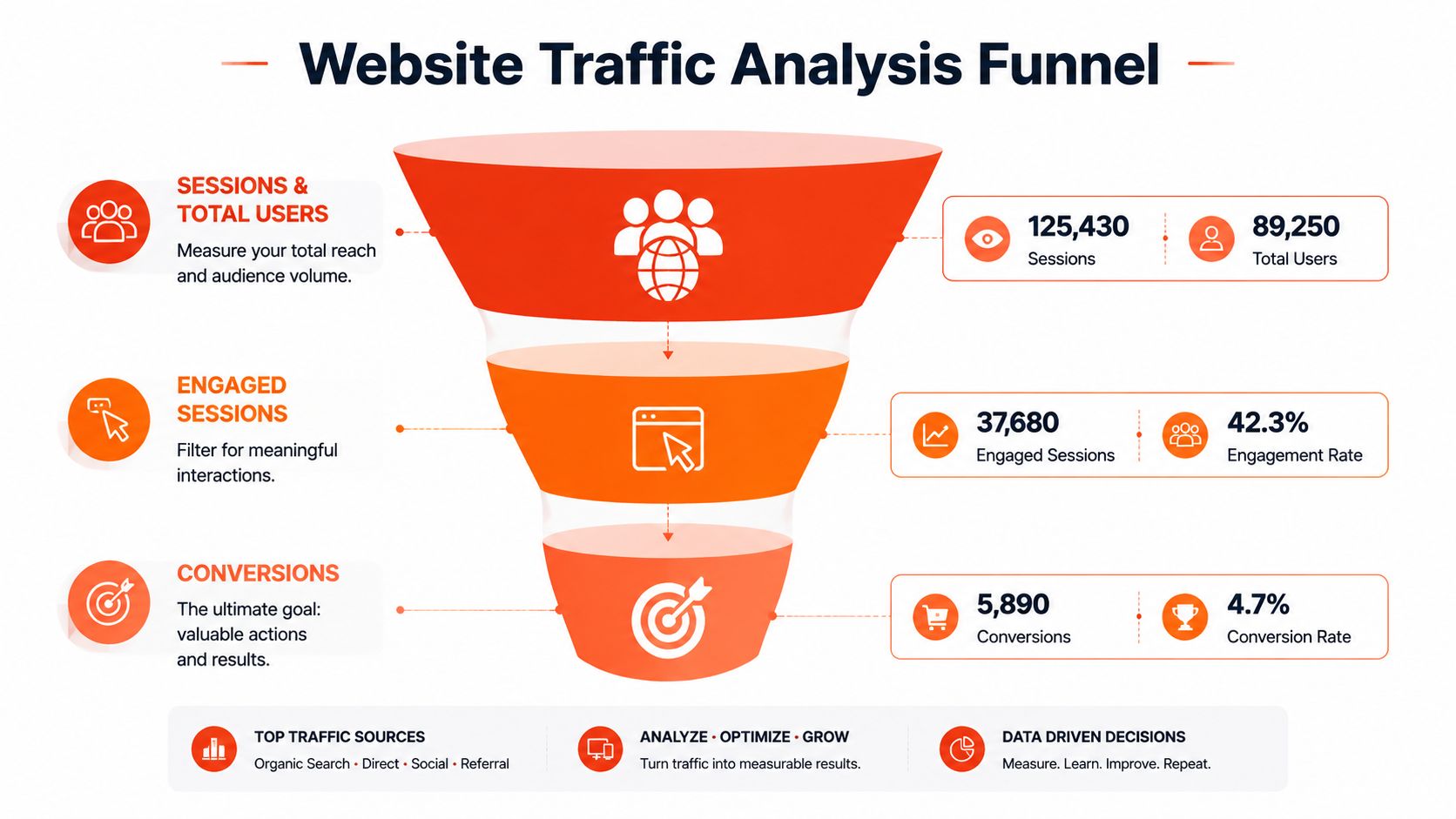 A marketing funnel infographic visualizing the progression from total sessions and users to conversions with performance metrics.