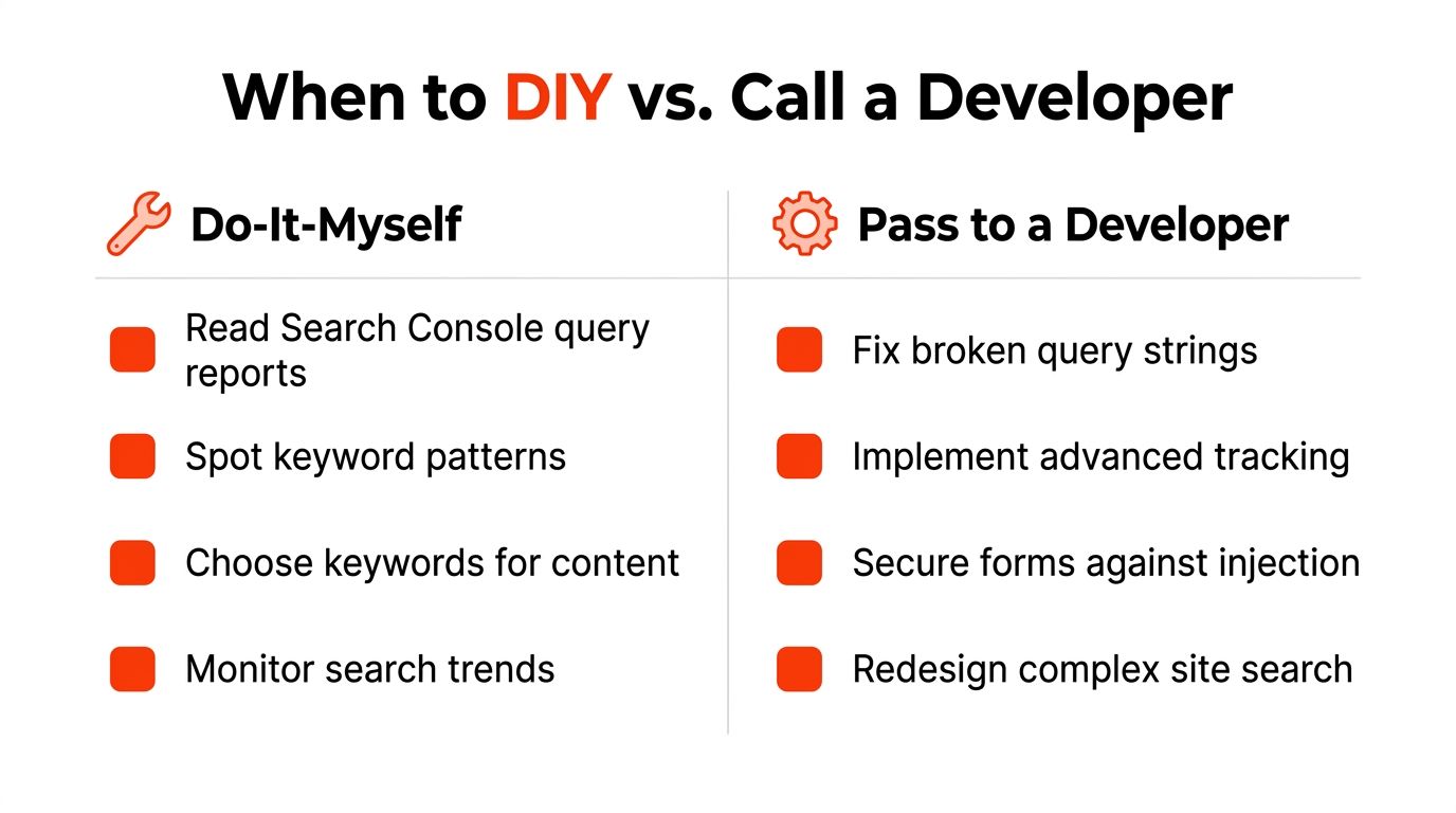 A comparison chart showing SEO tasks that should be DIY versus tasks requiring a professional developer.