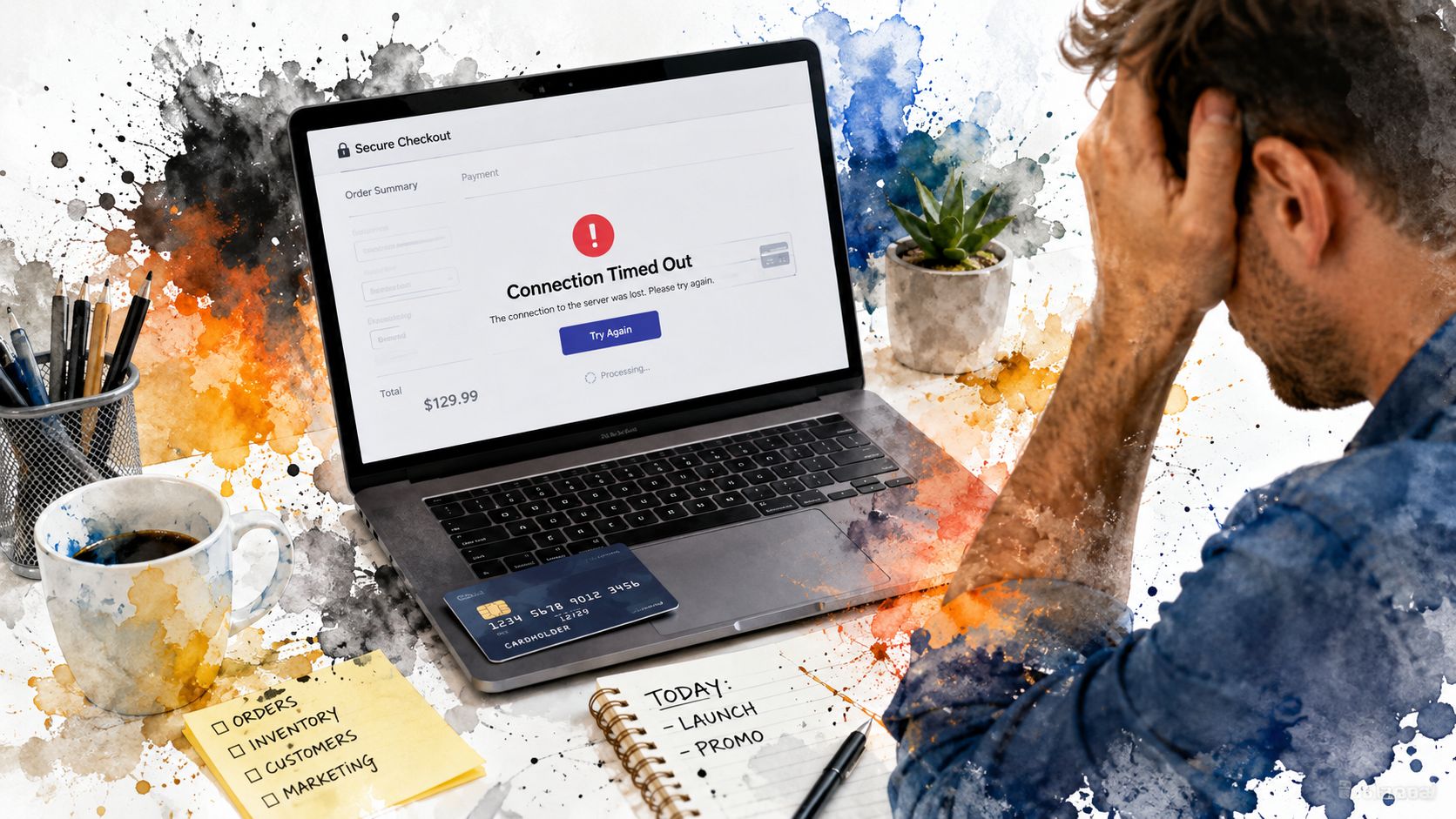A frustrated man looking at a laptop screen displaying a secure checkout connection timed out error message.