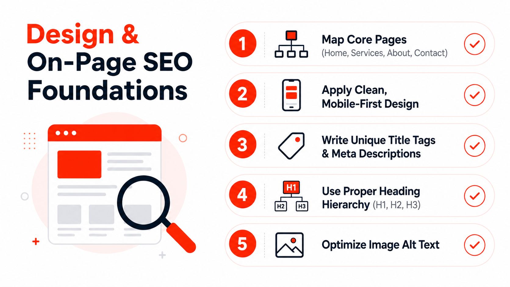An infographic titled Design and On-Page SEO Foundations showing five essential steps for building a website.