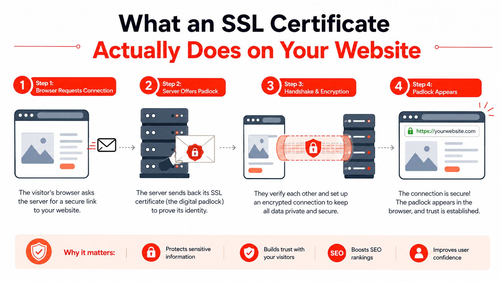 An infographic showing the four-step process of how an SSL certificate secures a connection for a website.